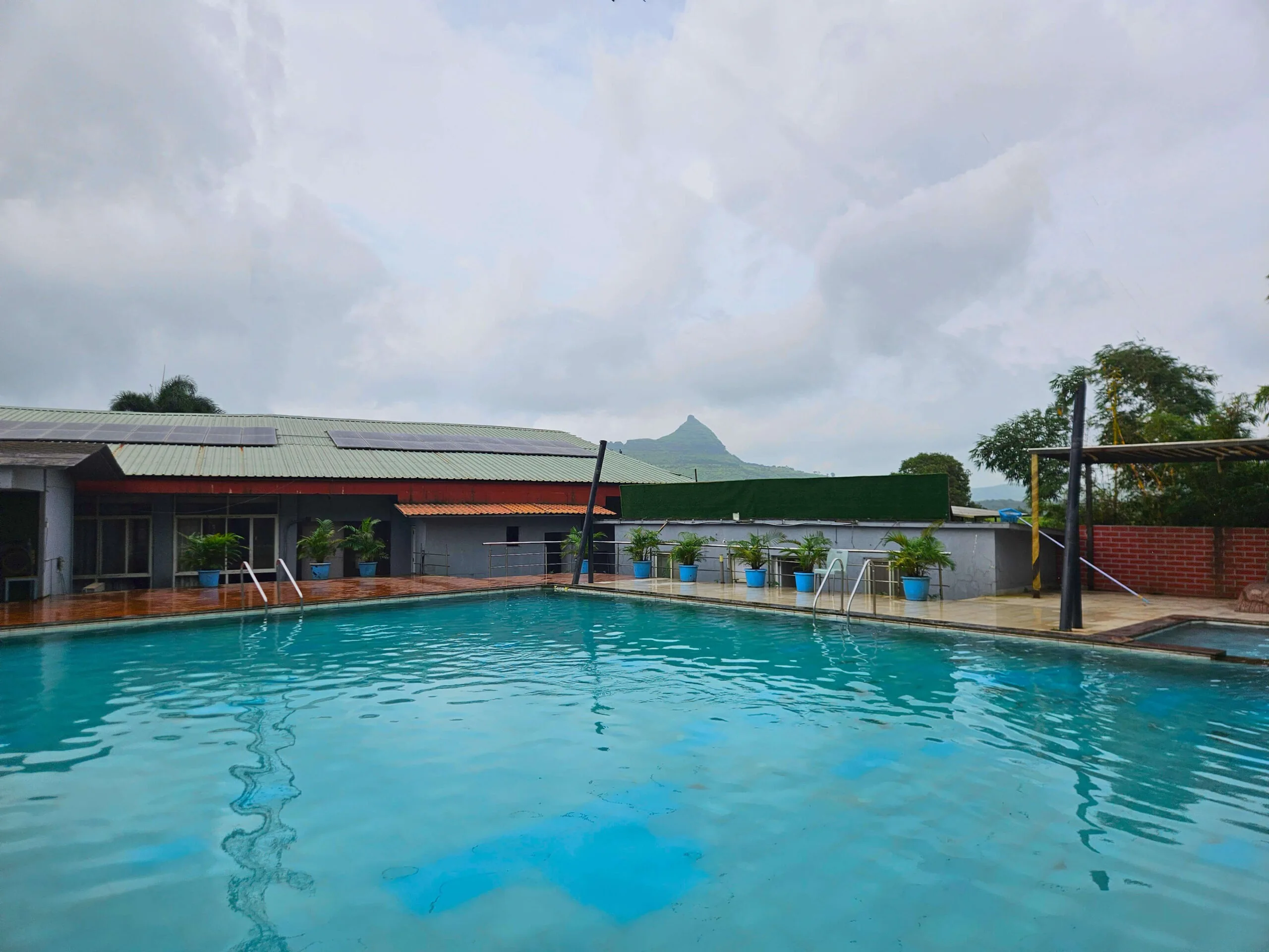 Sparkling outdoor swimming pool surrounded by sun loungers and lush greenery.